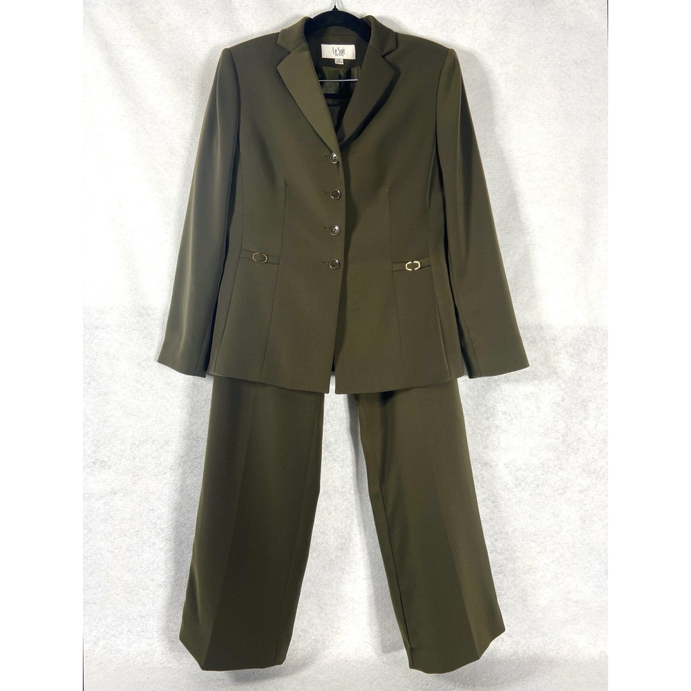 Le Suit 2PC Pants Suit Women's Petite 8P Green Blazer Button Church Career